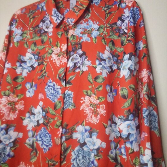 H & M Shirt Women 12 Button Front Long Sleeve Floral Red Blue Green - Picture 8 of 14